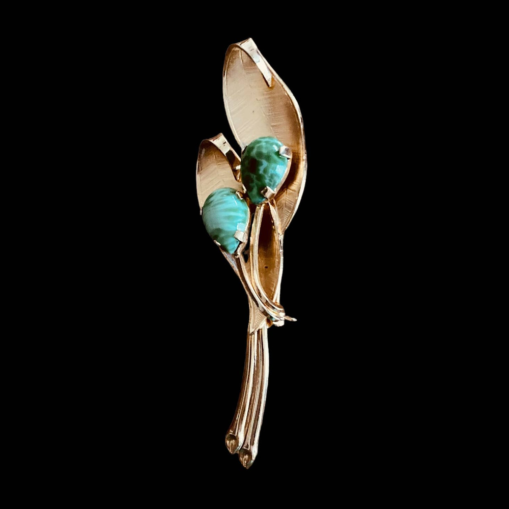 Austria Goldtone Leaf Pin Green Faux Jadeite Cabochons Brushed and Shiny Finish